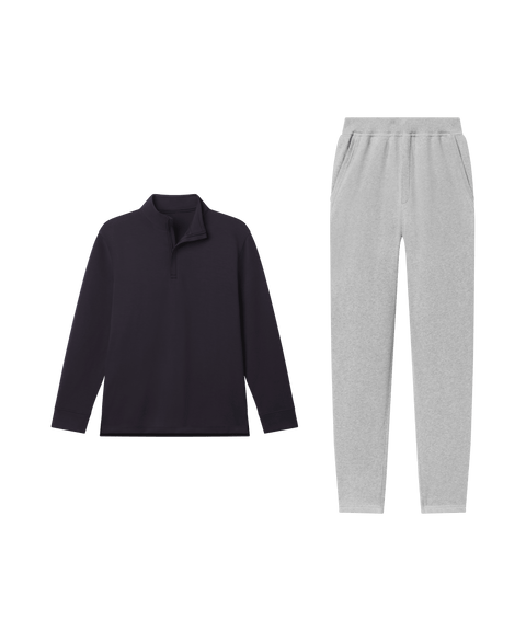 Reset Terry Sweatpant Heather Gray with Sandwash Quarter-Zip Deep Blue - Weekend look