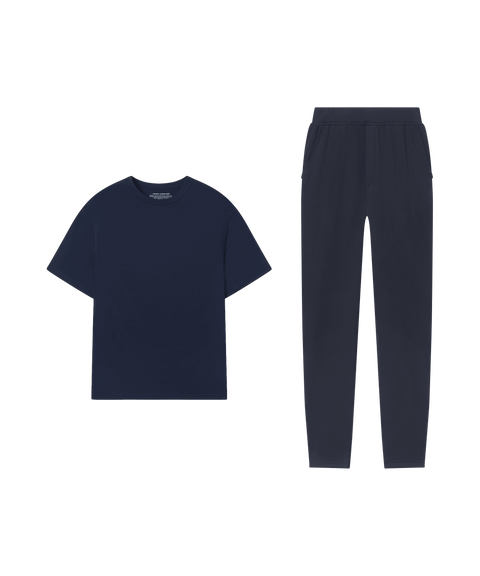 Reset Terry Sweatpant Midnight with Jetsetter Tee Deep Blue - Travel look