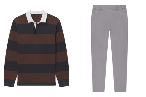Rugby Polo in Chicory and Dark Navy stripes paired with Jetsetter Tech Pant in Ice Gray, smart casual outfit