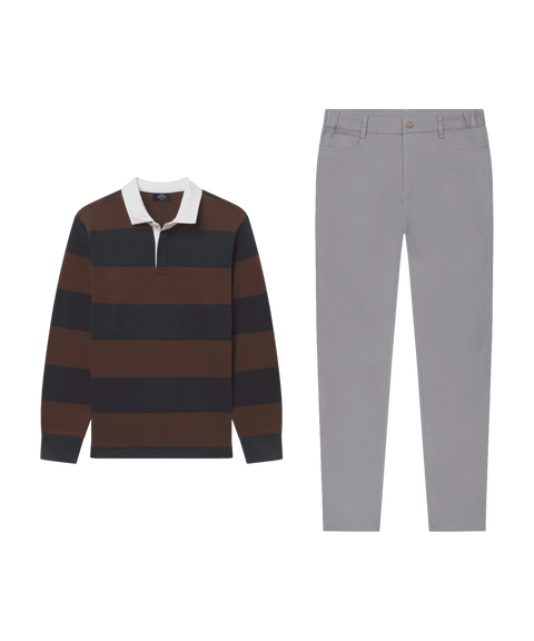 Brown and near-black striped rugby polo with a white collar, paired with grey trousers.