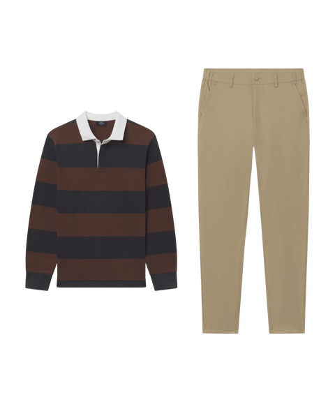 Rugby Polo in Chicory and Dark Navy stripes paired with Jetsetter Tech Pant in True Khaki, weekend outfit