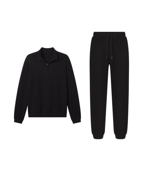 Black quarter-zip sweater with Sandwash Jogger in True Black, travel outfit flat lay