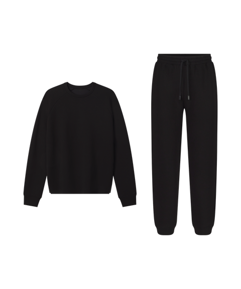 Black crewneck sweatshirt with Sandwash Jogger in True Black, weekend outfit flat lay