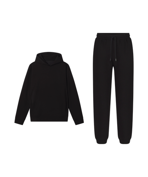 Outfit flat lay: black Sandwash Hoodie with Sandwash Jogger in True Black for lounging