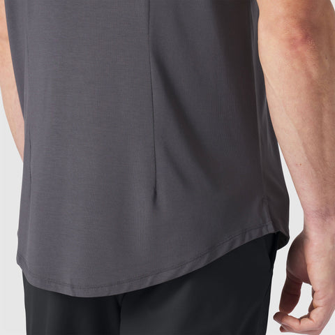 Close-up of the Anytime Tee Charcoal Gray fit and construction.