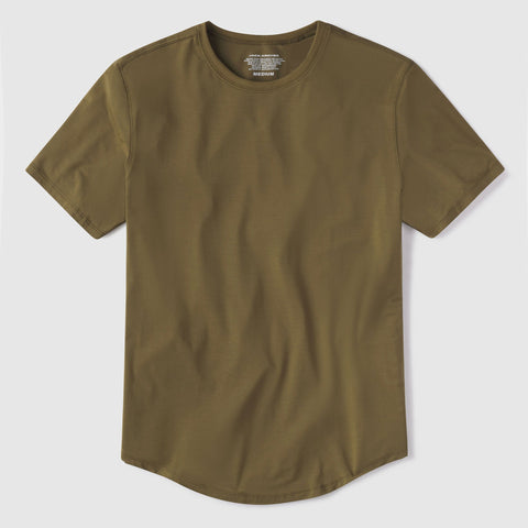 The Anytime Tee in Olive Green displayed in a lifestyle setting
