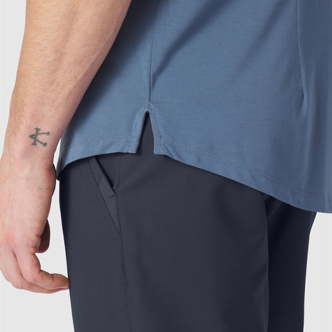 Close-up of the Anytime Tee Bering Sea fit and construction.