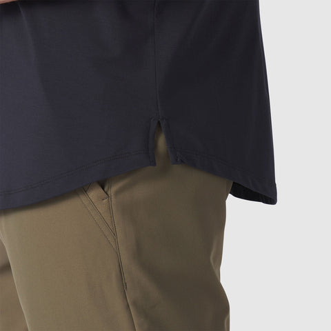 The Anytime Tee in Deep Blue, lifestyle detail.